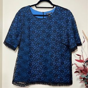 St John blue and black lace blouse